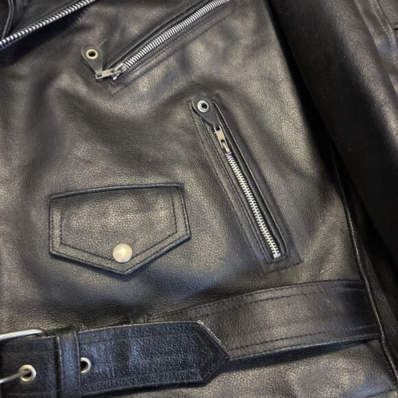 MAS Men’s Black Leather Motorcycle Jacket - Belted - zipper - Large - Picture 8 of 12